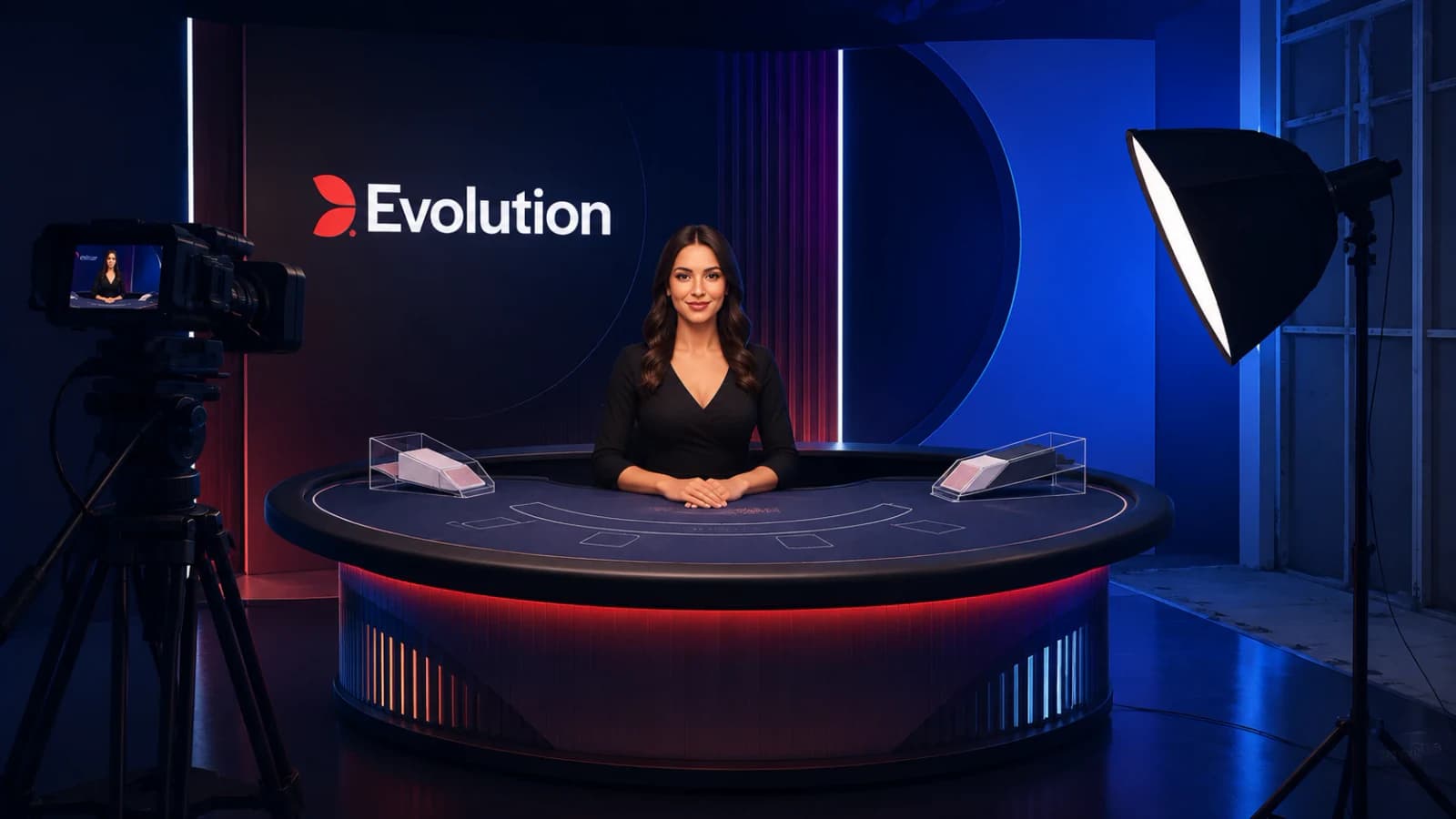 A coral curved gaming-table emblem beneath two broadcast arcs.