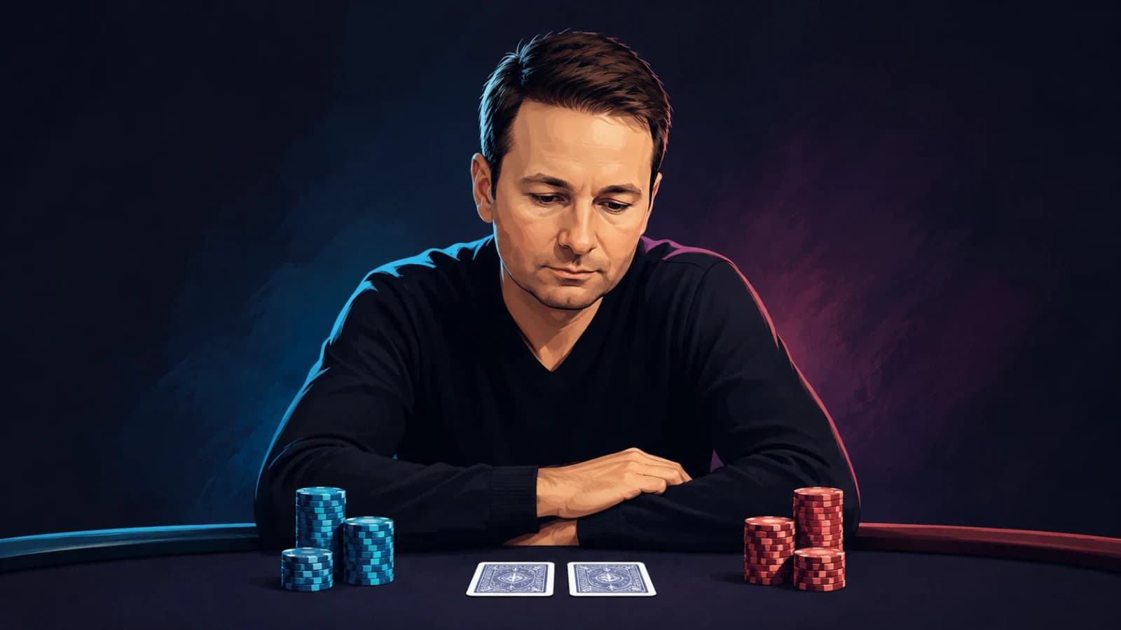 A plum poker chip before two blank cards on a dark abstract stage