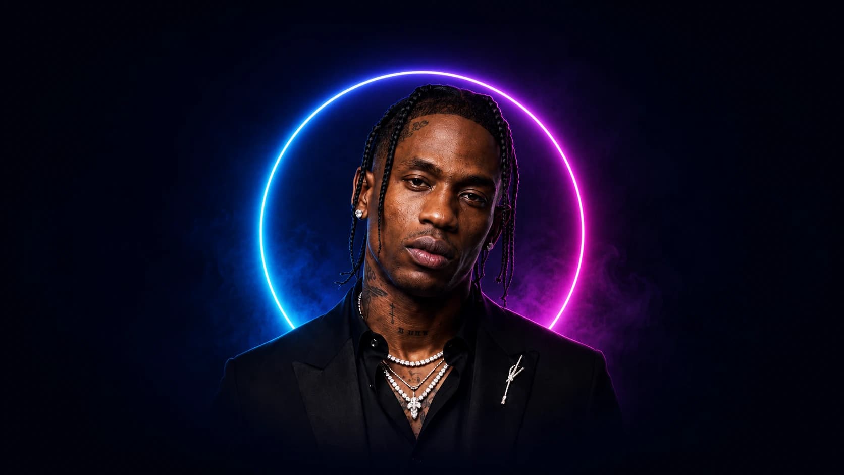 Travis Scott framed by a blue and magenta neon ring